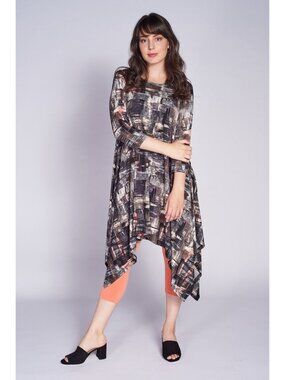 Code Vitesse Flare Dress Multi Gray‎ Print Asymmetrical Hem Art Lagenlook Large